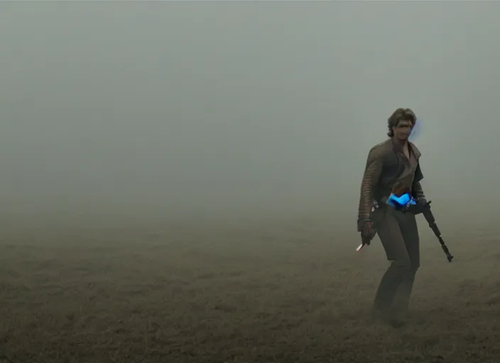 Image similar to epic still of Han Solo using lightsaber in foggy environment, approaching an ancient temple in the distance, iconic scene from the 1980s film directed by Stanley Kubrick, cinematic lighting, kodak film stock, strange, hyper real, stunning moody cinematography, with anamorphic lenses, crisp, detailed portrait, 4k image