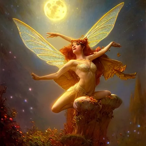 Image similar to attractive fairy queen fly high in the night, fantasy, full moon in background. hyper detailed painting by gaston bussiere, craig mullins, j. c. leyendecker, mid shot, 8 k, cryengone, cinematic lighting, beautiful,