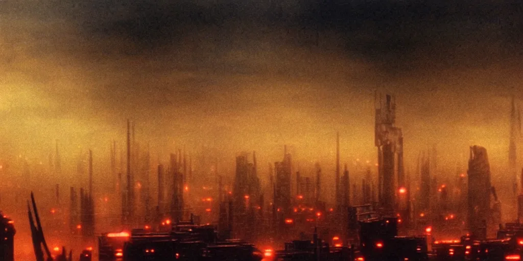 Prompt: 3 5 mm atmospheric dusk urban photographic landscape of dystopian blade runner 1 9 8 2 city, matte painting, cinematic composition, futuristic dystopian megacity skyline with towering mega - skyscrapers, falling acid rain, neon, industrial fires and smog, dramatic cinematography 3 5 mm