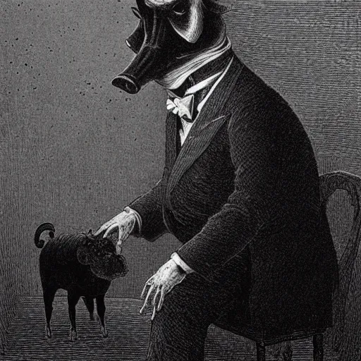 Image similar to a pig in a tuxedo, creepy atmosphere, dark, portrait, realistic, very realistic, illustration by Gustave Doré