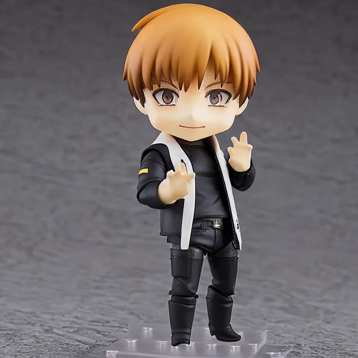 Prompt: One! Anime Nendoroid figurine of ELON MUSK With Leather Jacket And Black Pants, fantasy, figurine , product photo