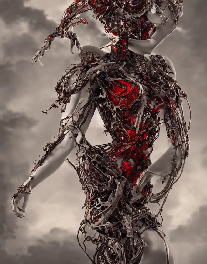 Prompt: biomechanical dress ,asian goddess full lenght view, positing on rock super hero pose, burning red wax .woman wearing a helmet. white plastic, human skull, swollen muscles, tumors, veins, baroque elements. intricate drawings. halo. octane rendering, cinematic, hyperrealism, octane rendering, 8k, depth of field, bokeh. iridescent accents. vibrant. teal gold and red color scheme