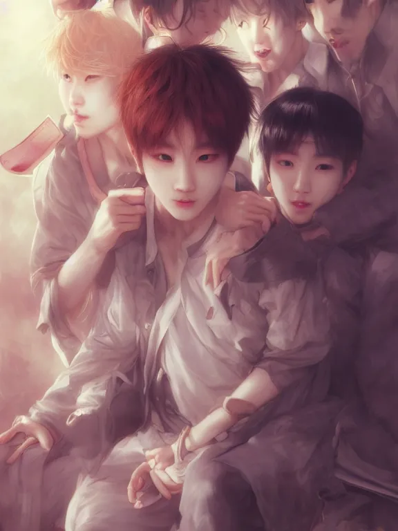 Prompt: Kpop boy idol with an eyeball head performing on stage. BTS. Eye exam. Friendly horror. Realistic. Wonho. y Ruan Jia and Artgerm and Range Murata and WLOP and Ross Tran and William-Adolphe Bouguereau. Key Art. Fantasy Illustration. award winning, Artstation, intricate details, realistic, Hyperdetailed, 8k resolution.