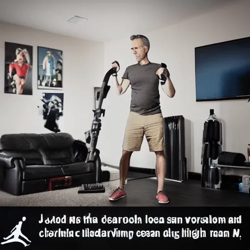 Image similar to Jordan Peterson cleans his room with a vacuum, motivational workout poster, high detail, realistic, mid shot, open