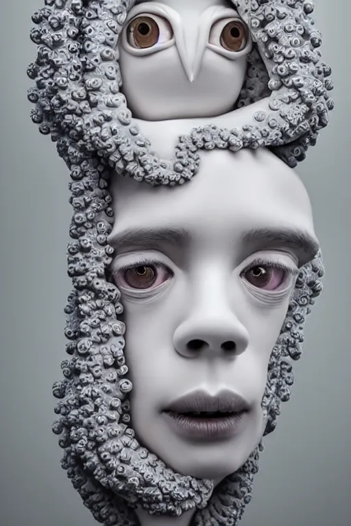 Prompt: full head and shoulders, beautiful porcelain female person, with lots and lots of black, realistic eyeballs, smooth, delicate facial features, white lashes, 3 d white shiny thick, large octopus tentacles in hair, standing in an art gallery by daniel arsham and james jean