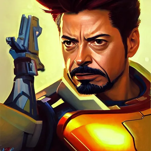 Image similar to greg manchess portrait painting of tony stark as overwatch character, totally whack, medium shot, asymmetrical, profile picture, organic painting, sunny day, matte painting, bold shapes, hard edges, street art, trending on artstation, by huang guangjian and gil elvgren and sachin teng