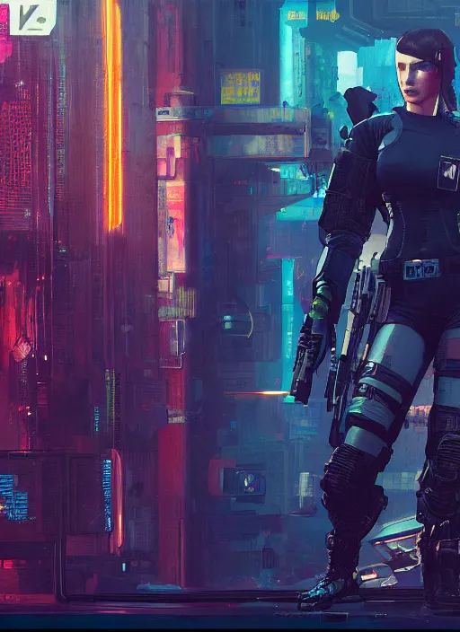 Prompt: Ela. Cyberpunk mercenary in tactical gear infiltrating corporate mainframe. (Cyberpunk 2077), blade runner 2049, (matrix) Concept art by James Gurney, greg rutkowski, Craig Mullins and Alphonso Mucha. Stylized painting with Vivid color.