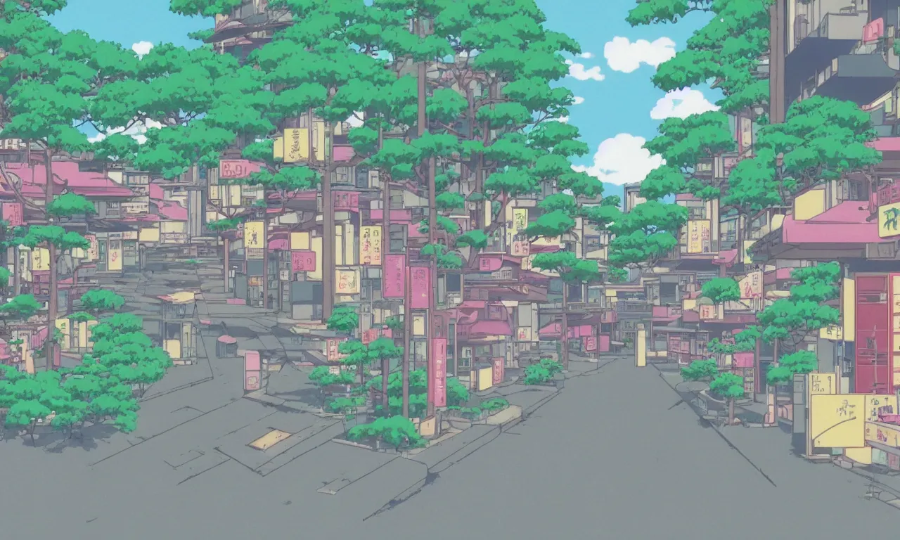 Image similar to A cute aesthetic still frame from an 80's or 90's anime, minimal street in Japan with a waterfall, shops, trees