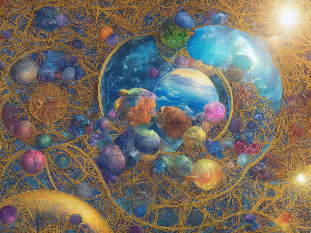 Image similar to 3 d render, sunlight study, the universe is a spheroid region 7 0 5 meters in diameter, art nouveau, by maria sibylla merian and ( ( ( ( ( lisa frank ) ) ) ) ), 8 k, sharp focus, octane render