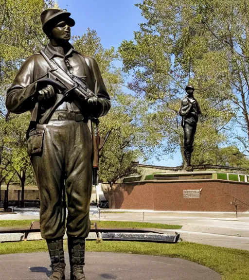 Image similar to a 4 k photorealistic photo medium shot waist up of a bronze statue of an american soldier with a rifle across his chest in a park