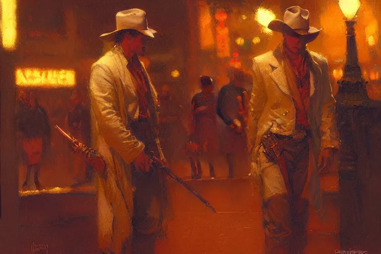 Prompt: western, night, neon light, painting by gaston bussiere, craig mullins, j. c. leyendecker