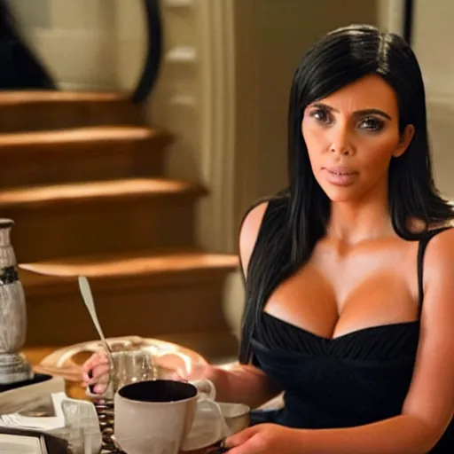 Prompt: A Still of Kim Kardashian as Bel Powley
