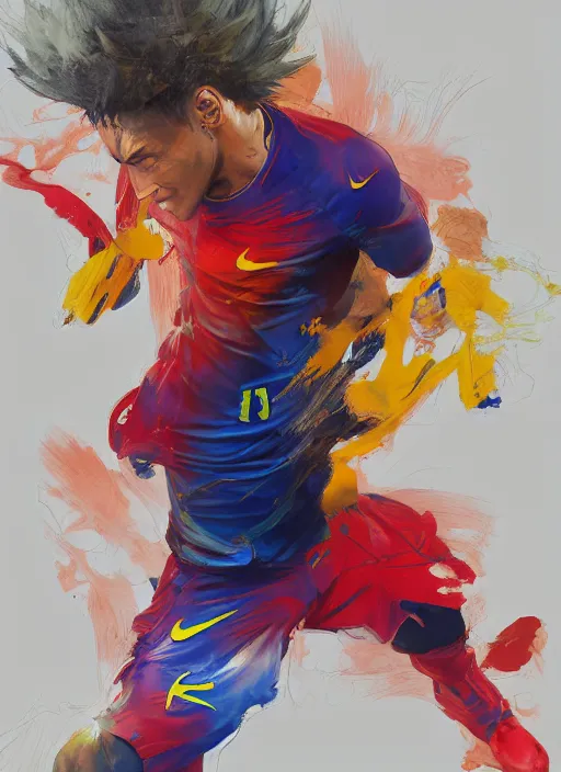 Prompt: semi reallistic gouache gesture painting, by yoshitaka amano, by ruan jia, by Conrad roset, by dofus online artists, detailed 3d render of neymar as sayajin, Neymar soccer player transformed on Super Saiyan, Neymar jr, portrait, cgsociety, artstation, rococo mechanical, Digital reality, sf5 ink style, dieselpunk atmosphere, gesture drawn