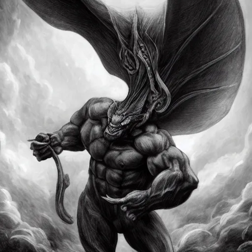 Image similar to full body, grayscale, Gustave Dore, Sorie Kim, muscled humanoid balrog demon, horns, claws, large horned tail, heroic pose, swirling flames