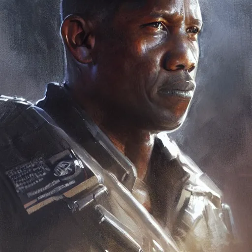 Image similar to portrait of a man by greg rutkowski, denzel washington as a colonial marine from aliens franchise, he is about 5 0 years old, military composure, wearing the tactical gear of the colonial marines, highly detailed portrait, digital painting, artstation, concept art, smooth, sharp foccus ilustration, artstation hq