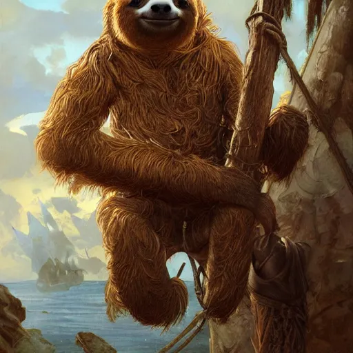 Image similar to Portrait of a Sloth as a Pirate, photo, highly detailed oil painting, photorealistic, highly detailed, digital painting, artstation, concept art, smooth, sharp focus, illustration, art by artgerm and greg rutkowski and alphonse mucha