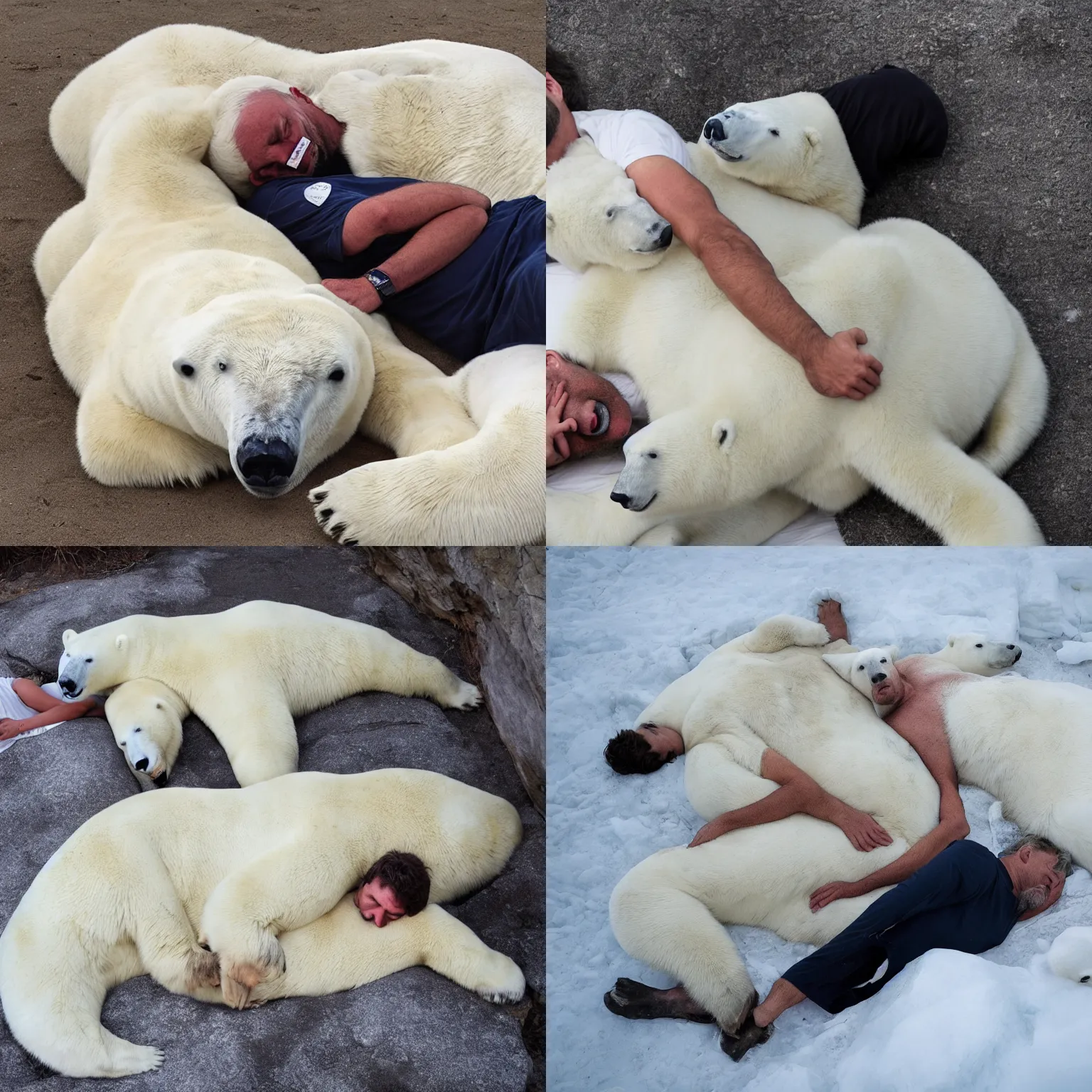 Prompt: man sleeping next to polar bear