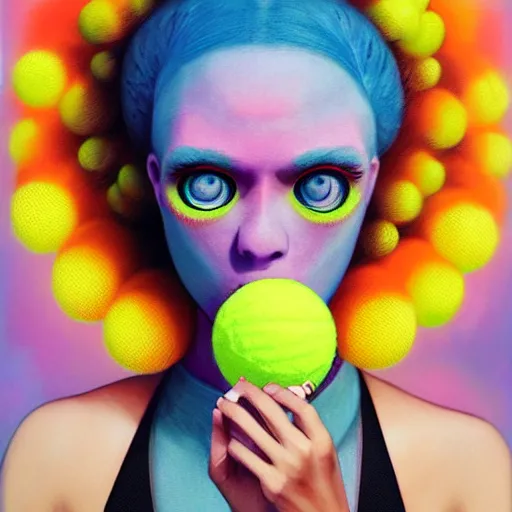 Prompt: Lofi vaporwave portrait beautiful tennis ball monster diva model, dress, bikini, chalk, Pixar style, Tristan Eaton, Stanley Artgerm, Tom Bagshaw, Basil Gogos