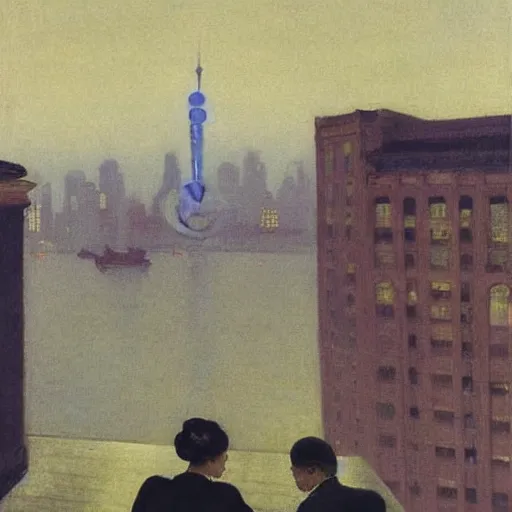 Image similar to a small rooftop with a couple of people sitting and watching the view, shanghai bund is on the background, night, by edward hopper