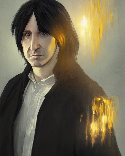 Image similar to portrait of a 3 2 - year - old man wearing black clothes, snape severus, with black, greasy, mid - length hair, hooked nose, dark brown eyes, yellow uneven teeth, highly detailed, digital painting, artstation, concept art, smooth, sharp focus, illustration, art by artgerm and greg rutkowski and alphonse mucha