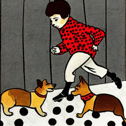 Image similar to illustration of french boy on the streets of paris playing football against a corgi, the dog is wearing a polka dot scarf, comic, 1 9 7 2