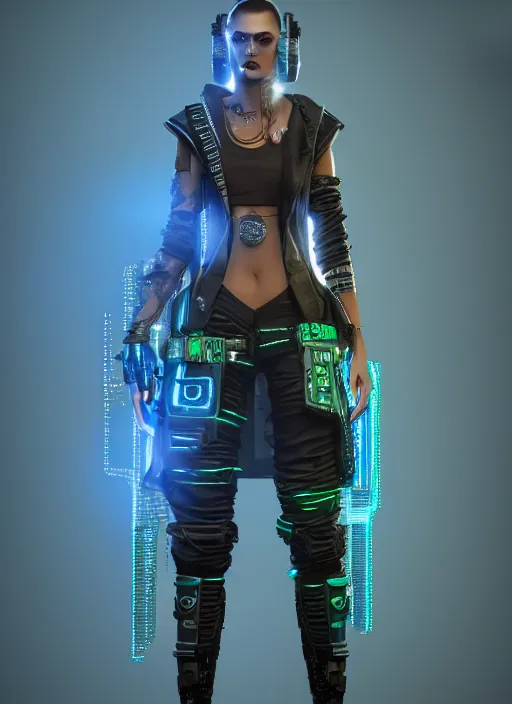 Image similar to highly detailed cyberpunk character wearing stylish cyberpunk clothes, unreal engine, fantasy art, global illumination, radiant light