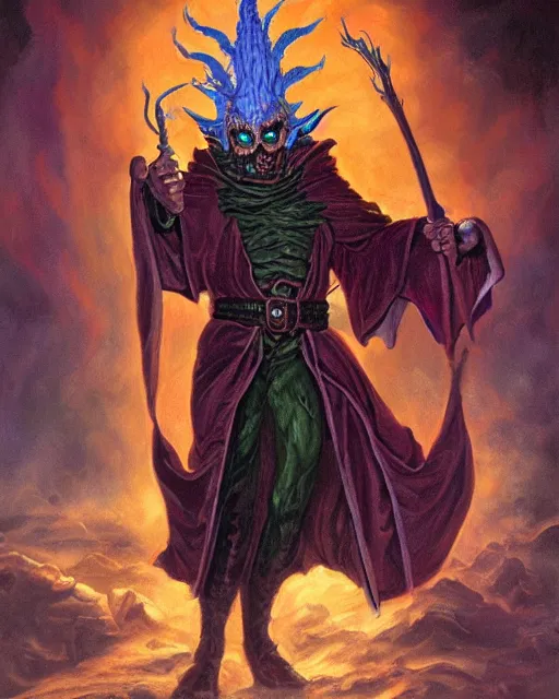 Image similar to portrait of Rick Sanchez as a powerful dungeons and dragons warlock, wearing dark robe, intricately detailed, lovecraftian, realistic, oil painting, by jeff easley, boris vallejo, cinematic lighting