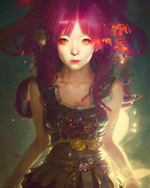 Image similar to mirei kiritani as anime girl, mushroom kingdom, fantasy character portrait, concept art, sorceress, magical aura, bright, interesting angle, intricate details, highly detailed by greg rutkowski, gaston bussiere, simon bisley