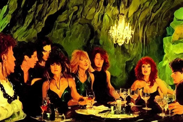 Image similar to cinematic scene, glam rockers drinking brutal and raw wine, inside a green cave with red lights by roger deakins, joaquin sorolla, phil hale, extremely detailed