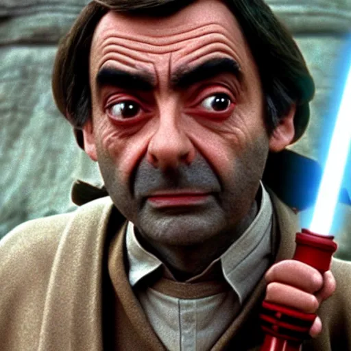 Image similar to Still of Mr. Bean as jedi master Obiwan kenobi!!!!. in Star Wars (1977). detailed eyes. medium shot, technicolor. light saber