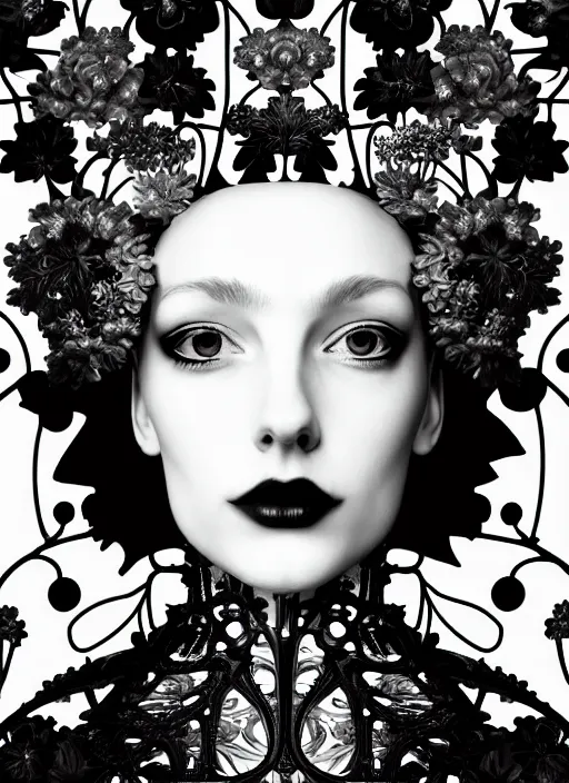 Image similar to monochrome profile portrait painting, dutch masters, silver lace floral steampunk biomechanical beautiful one techno eye young female cyborg, big monocular, volumetric light, leaves foliage and stems, hibiscus flowers, alexander mcqueen, rim light, big gothic fashion pearl embroidered collar, 8 k