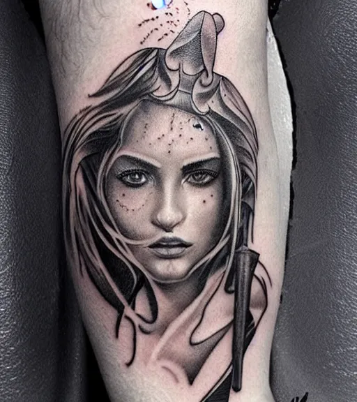 Image similar to tattoo design of a hyper realistic beautiful girl warrior, hyper detailed, inspired by eliot kohek, on white background