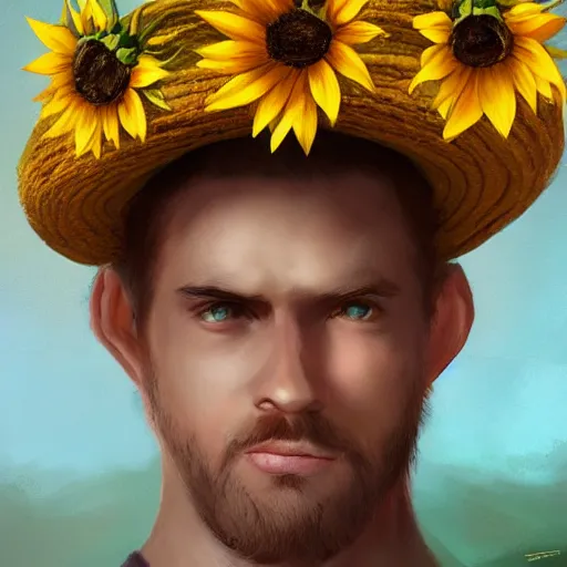 Image similar to a man wears a sunflower hat, bloom, artstation