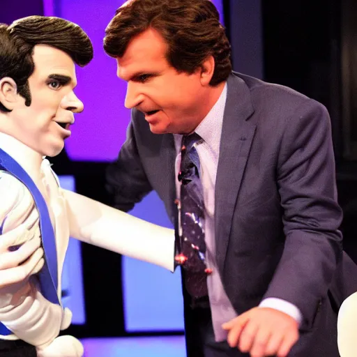 Image similar to a high quality photograph of Jimmy Dore inappropriately interacting with a blowup doll of Tucker Carlson on the set of Tucker Carlson tonight live on Fox News