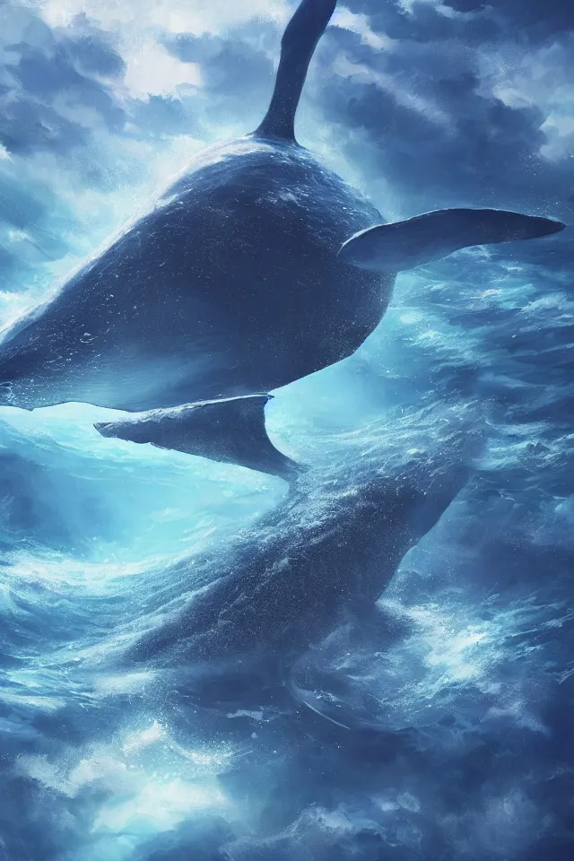 Prompt: a concept scene illustration depicting a giant blue whale at the bottom of the azure sea, crystal texture, dreamy atmosphere ， super wide angle ， matte painting ， rtx on ， trending on cgsociety and artstation ，