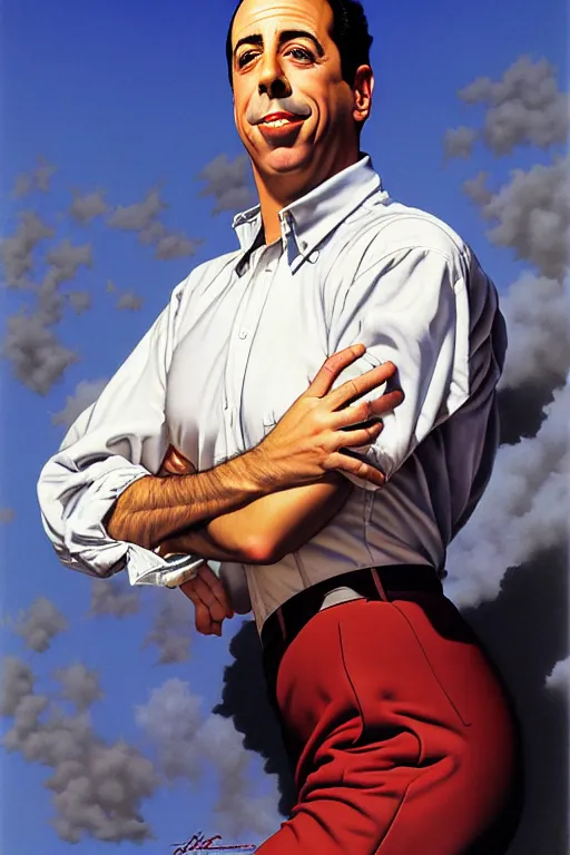 Prompt: portrait of jerry seinfeld by gil elvgren and norman rockwell and rob gonsalves and hajime sorayama, hyperrealistic, high detail, ultra detailed, highly detailed face