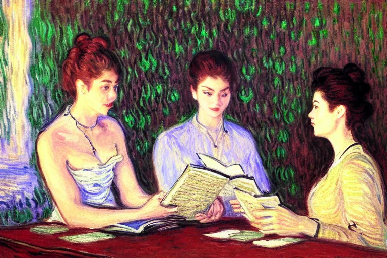 Image similar to portrait of two wise and very beautiful women discussing some texts appearing in a computer screen, art by monet, intricate, elegant, highly detailed, smooth, sharp focus, artstation