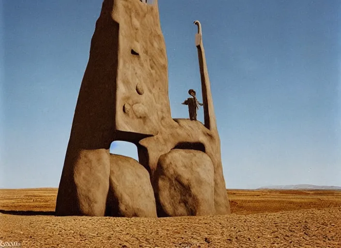 Prompt: strange pagan giant monument in the middle of a desert by salvadore dali and rene magritte