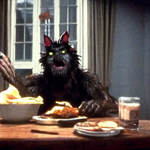 Prompt: film still of a funny looking werewolf with his hand extended, looking at food, in an american werewolf in london