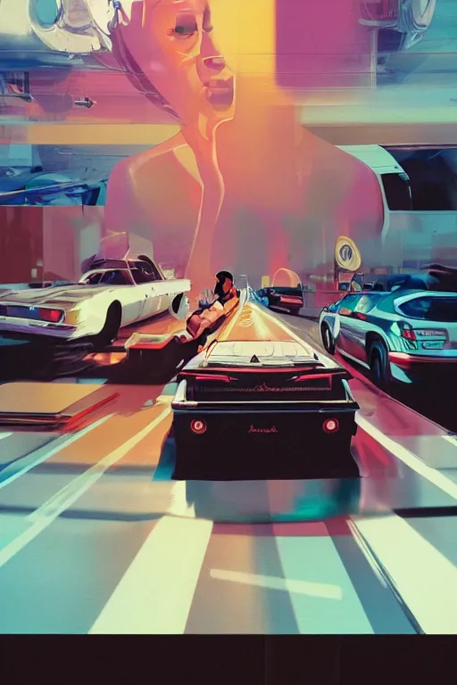 Prompt: Kodak portra 160, 8K, highly detailed, portrait, glitch art yoga pose: famous french actor in low budget syd mead movie remake, car chase scene