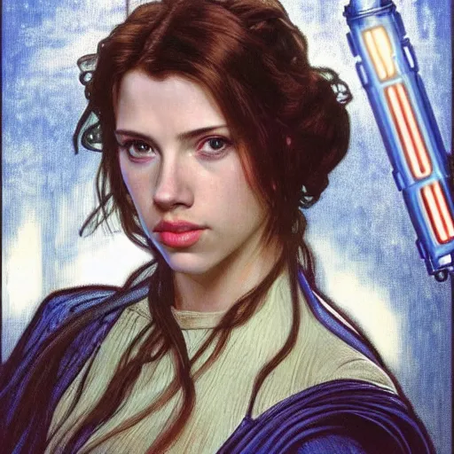 Prompt: head and shoulders portrait of a female knight gazing into camera, jedi, blue lightsaber, young scarlett johansson, star wars, by alphonse mucha, face detail, extremely detailed, art nouveau painting