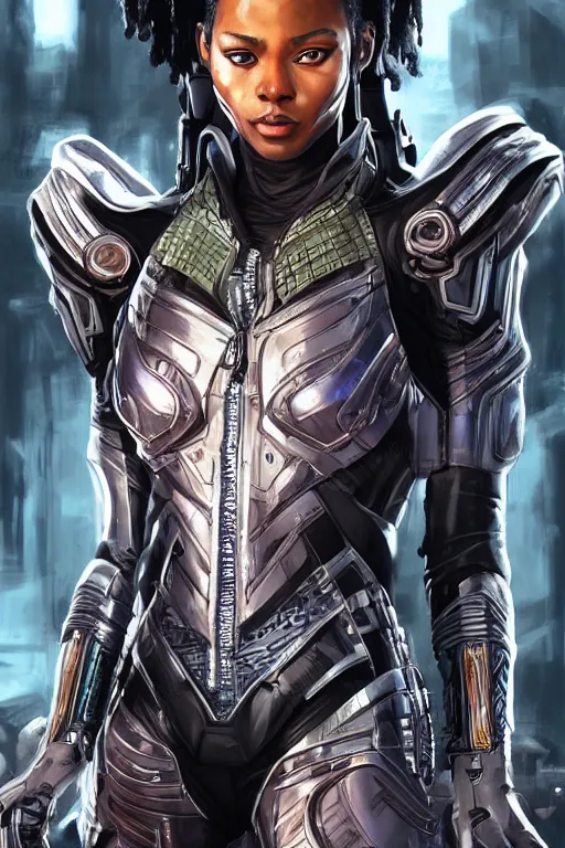 Image similar to art by artgerm, ultra realistic illustration, wakandan warrior in a steampunk cyberpunk style armor, sci fi background hacknaut cyberpunk, sci - fi, fantasy, intricate, elegant, highly detailed, digital painting, artstation, concept art, smooth, sharp focus, illustration.