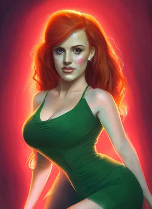 Image similar to full body portrait of teenage cheryl blossom, bangs, green eyes, mischievous expression, red hair, sultry smirk, bangs and wavy hair, intricate, elegant, glowing lights, highly detailed, digital painting, artstation, concept art, smooth, sharp focus, illustration, art by wlop, mars ravelo and greg rutkowski