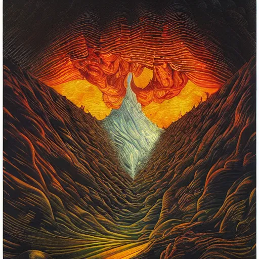 Image similar to god of fire, fog, surreal by dan mumford and umberto boccioni, oil on canvas