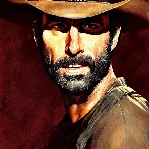 Prompt: ultra realistic portrait painting of rick grimes as a western outlaw, art by frank frazetta, 4 k, ultra realistic, highly detailed, epic lighting