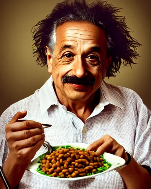 Image similar to A photo of Albert Einstein eating Rajma Chawal, highly detailed, trending on artstation, bokeh, 90mm, f/1.4