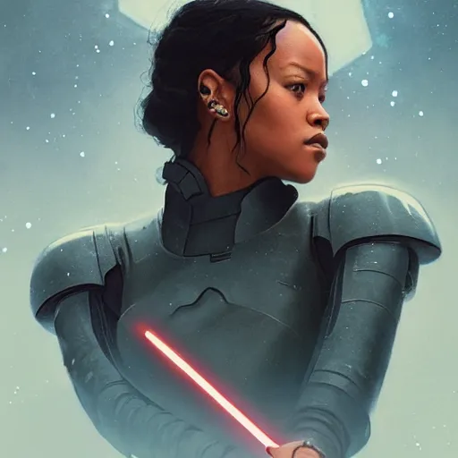 Image similar to star wars with lord Rihanna profile picture by Greg Rutkowski, intricate details, futuristic, volumetric lights, streetwear, studio ghibli, Organic Painting , Matte Painting, geometric shapes, hard edges, trending on the artstation, fantasy LUT, realistic by Sachin Teng + Martin Grip + Moebius + Patrick Gleason, smooth, sharp focus, illustration, art by John Collier and Albert Aublet and Krenz Cushart and Artem Demura and Alphonse Mucha, techwear, Industrial Scifi, detailed illustration, character portrait,