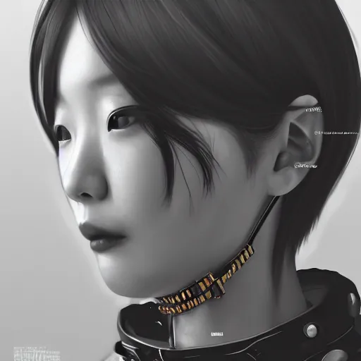 Prompt: detailed realistic korean female character cyberpunk, realistic, art, beautiful, 4K, artstation, detailed, female, woman, choker, cyberpunk, neon, punk, collar, choker, collar around neck, thick collar, tight around neck, punk, looking straight forward, symmetrical eyes, beautiful eyes, realistic eyes