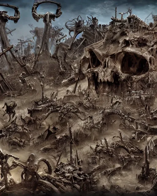 Prompt: an epic action concept masterpiece of a bone yard full of skeletons, inspired by sd ai. horrific digital art