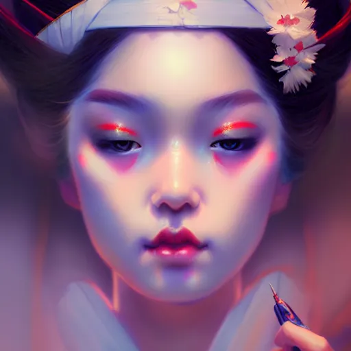 Prompt: pretty geisha, d & d digital painting, ultra realistic, beautiful, volumetric lighting, cell shading, by james jean, greg rutkowski, wlop